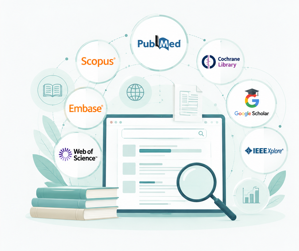 Medical research databases including PubMed, Scopus, Cochrane Library, Embase, Google Scholar, Web of Science, and IEEE Xplore.